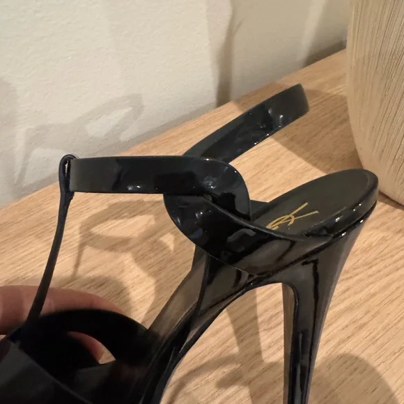 Saint Laurent Black Patent T-Strap Heels with Gold Logo - Picture 10 of 16